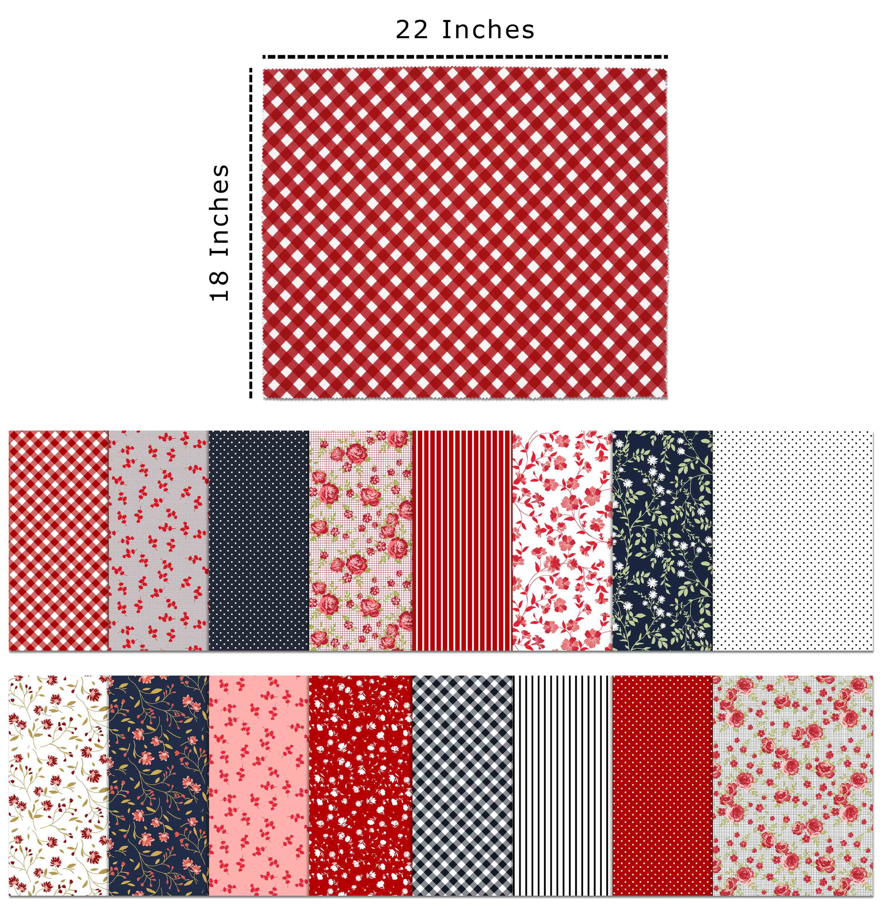 Soimoi 16 Pc Fat Quarter Bundle-Floral With GeometricsPrint 18"x 22"DIY Patchwork-100% CottonPre-Cut Quilting Fabric Red- Blue & White