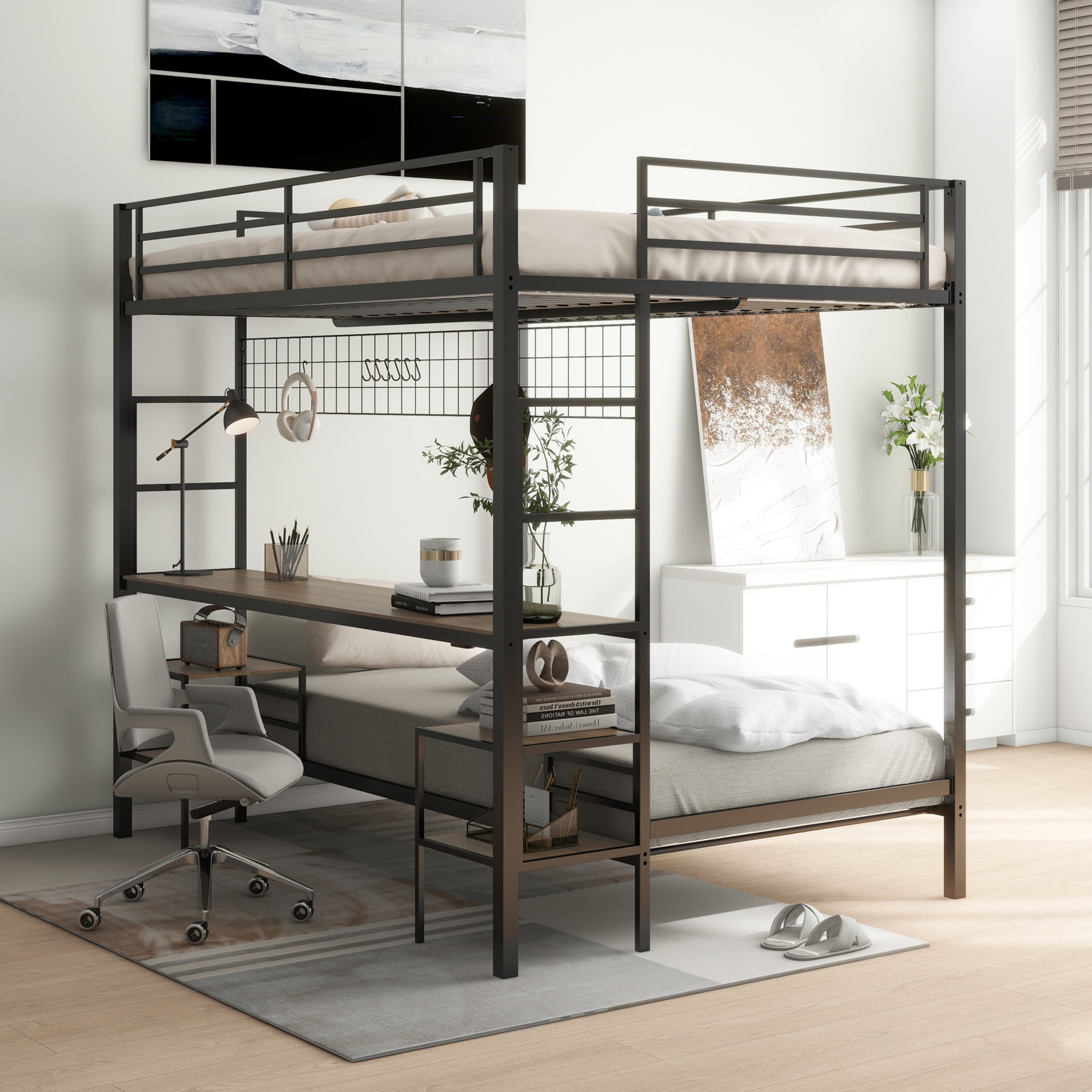 Noble House Ethan Full Over Twin Metal Bunk Bed with Desk, Storage Shelves, Black and Cinnamon Oak
