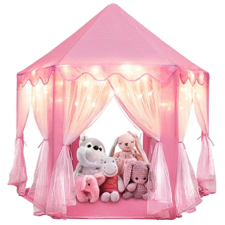 Princess Castle Playhouse Tent for Girls with LED Star Lights – Indoor & Outdoor Large Kids Play Tent for Imaginative Games –  Princess Tent, 230 Polyester Taffeta. Pink 55"x53".