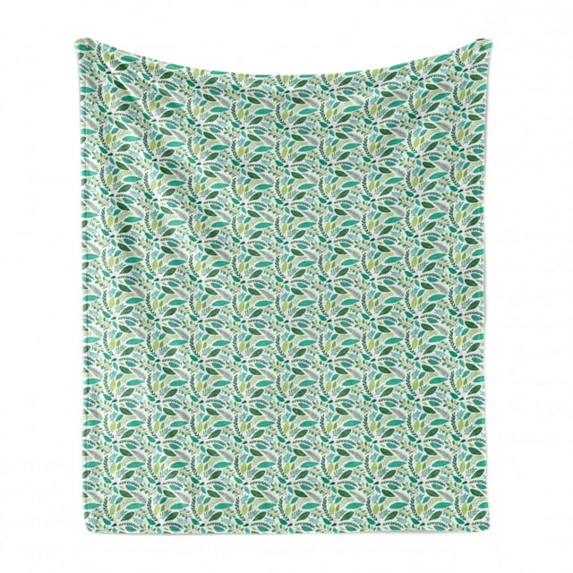 Leaves Soft Flannel Fleece Blanket, Various Type Green Tone Leaves Scattered Randomly on White Background Tangled Design, Cozy Plush for Indoor and Outdoor Use, 70" x 90", Multicolor, by Ambesonne