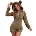 thumbnail image 6 of Womens Fleece Short Romper with Cute Bear Hood Front Zipper Soft Fuzzy Sherpa Onesies Pajamas for Women Teens (L, Brown), 6 of 7