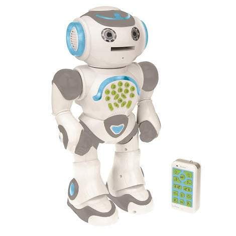 Powerman Max The Programmable Educational Robot - English Version, a white and grey robot with blue accents, shown standing upright with a remote control beside it. Features include sound and light effects, remote-controlled movement, educational quizzes, storytelling, programming functions, and foam disc shooting. Dimensions are 20.7 cm × 13.3 cm × 36.8 cm (8.15 in. × 5.24 in. × 14.49 in.).