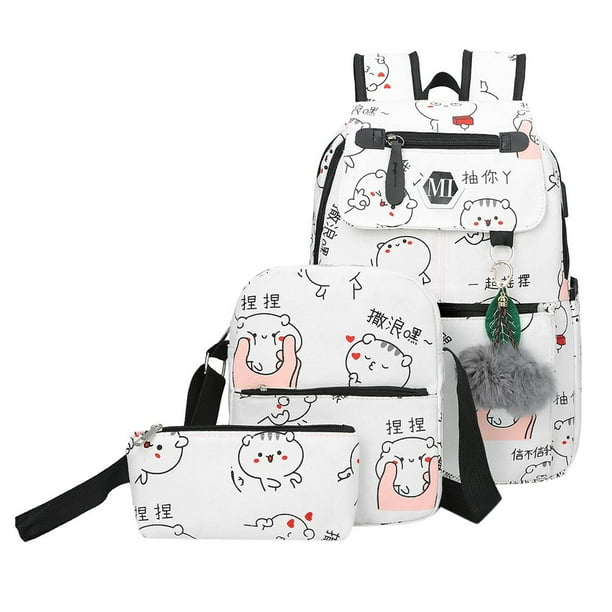 3 unidades/juego de mochilas de lona unisex con estampado de dibujos animados bonitos, bolsos de hombro (blanco) Likrtyny Para estrenar