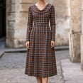 thumbnail image 4 of JUUNthy Women Plaid Midi Dress, Ruffle Collar High Waist Pleated A-Line Long Sleeve Vintage Casual Flowy Dress Orange L, 4 of 13