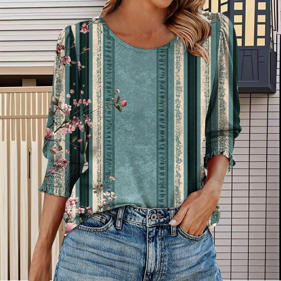 Jsaierl 3/4 Length Sleeve Womens Tops Summer Round Neck Shirts Fashion Print Petite Blouses Going Out Elegant T-shirts Top S-2XL
