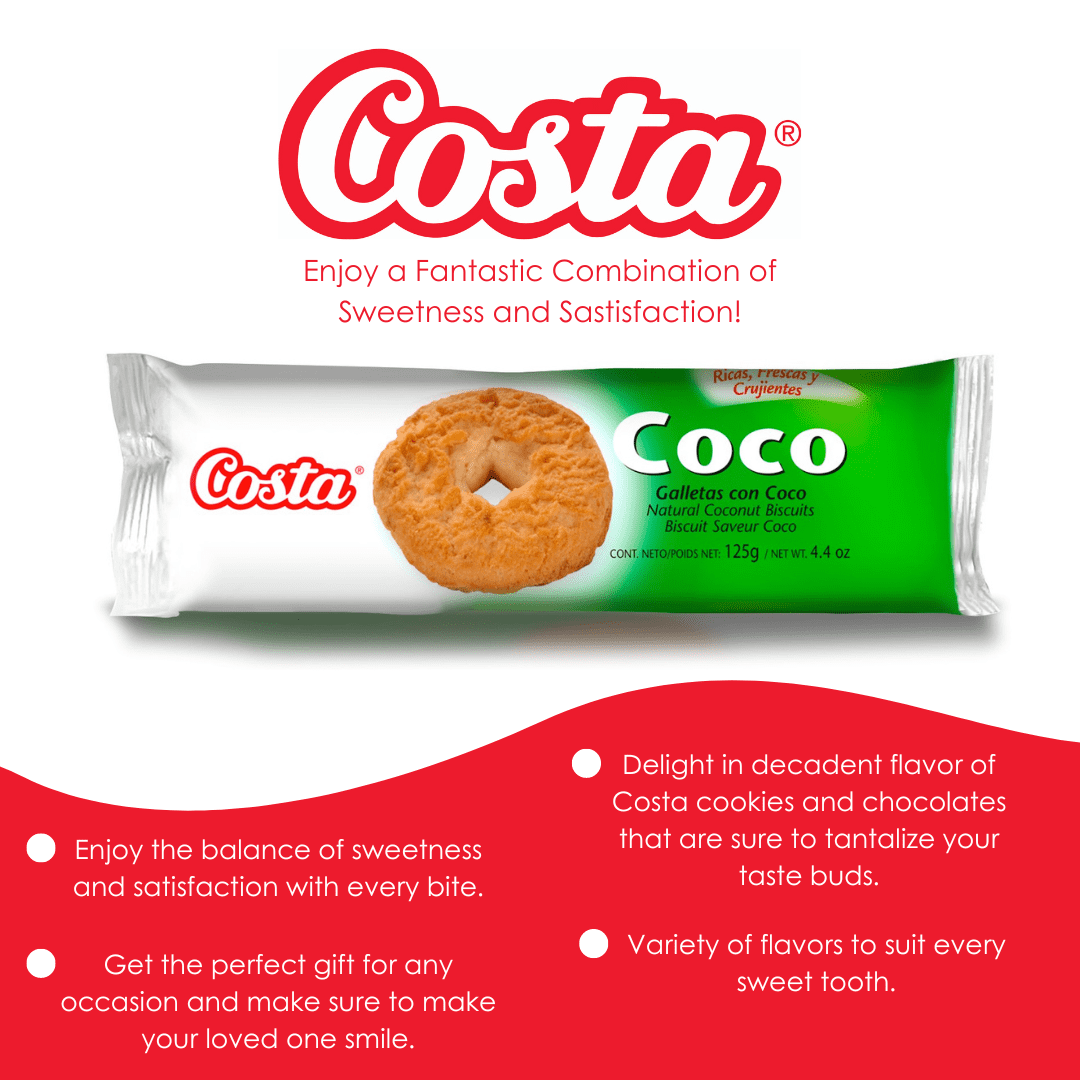 Costa Coconut Cookies - Biscuit Cookies with Tropical Coconut Flavor - 28 Snack Packs (4.4oz Each)