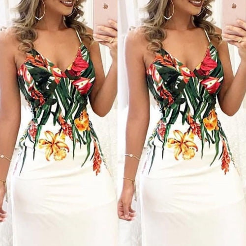 Summer Women Boho Holiday Strappy Floral Print Maxi Beach Sundress Party Long Dress