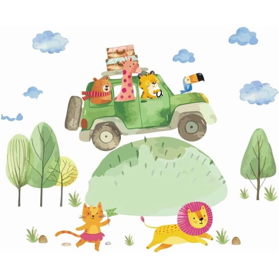 Animal Adventure Wall Sticker Safari Car Adventure Animal Travel Wall Decal Toddler Watercolor Cartoon Room Decor for Nursery Classroom Baby Room DIY