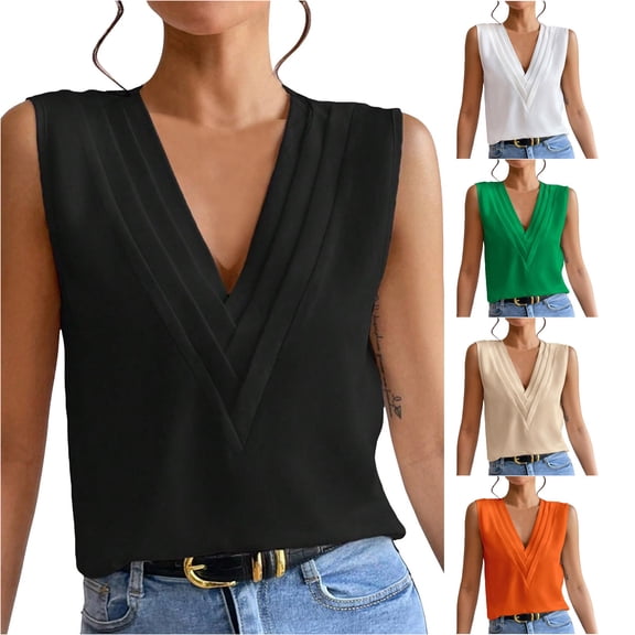 Rhuody Womens Tops Sleeveless Summer V Neck Solid Color Tank Tops Wear Black
