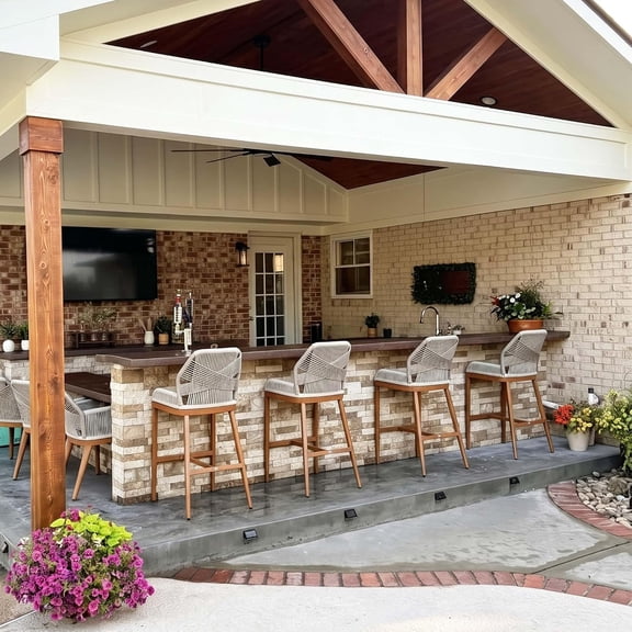 PURPLE LEAF Bar Stools Set of 2 Height Metal Bar Chairs with Back Modern Aluminum Tall Comfy Wicker Woven Boho Barstools Garden Pool Patio Outdoor, Twill