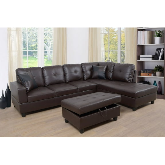 PonLiving Furniture Raphael Brown Faux Leather Right Facing Sectional Sofa With Ottoman PonLiving Raphael Brown Faux Leather Right Facing Sectional Sofa With Ottoman