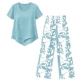 thumbnail image 4 of WULMLEO Women's Two Piece Set Basic Casual Travel Summer Beach Two Piece Outfit for Women Workout Cruise Plus Size Short Sleeve Tops Vacation Work Out Cute Floral Capris Sky Blue S, 4 of 4