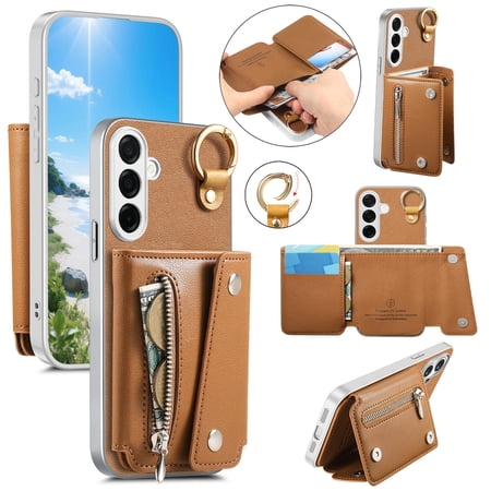 for Samsung Galaxy A26 5G Wallet Case PU Leather PC Protective Cover with Card Cash Holder Zipper Storage Pocket Foldable Adjustable Stand Bracket Ultra Slim Shockproof Phone Case Brown