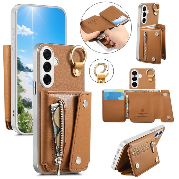 ELEHOLD Zipper PU Leather Wallet Phone Case for Samsung Galaxy A37, Shockproof Kickstand Protective Cover with Ring Buckle, Brown