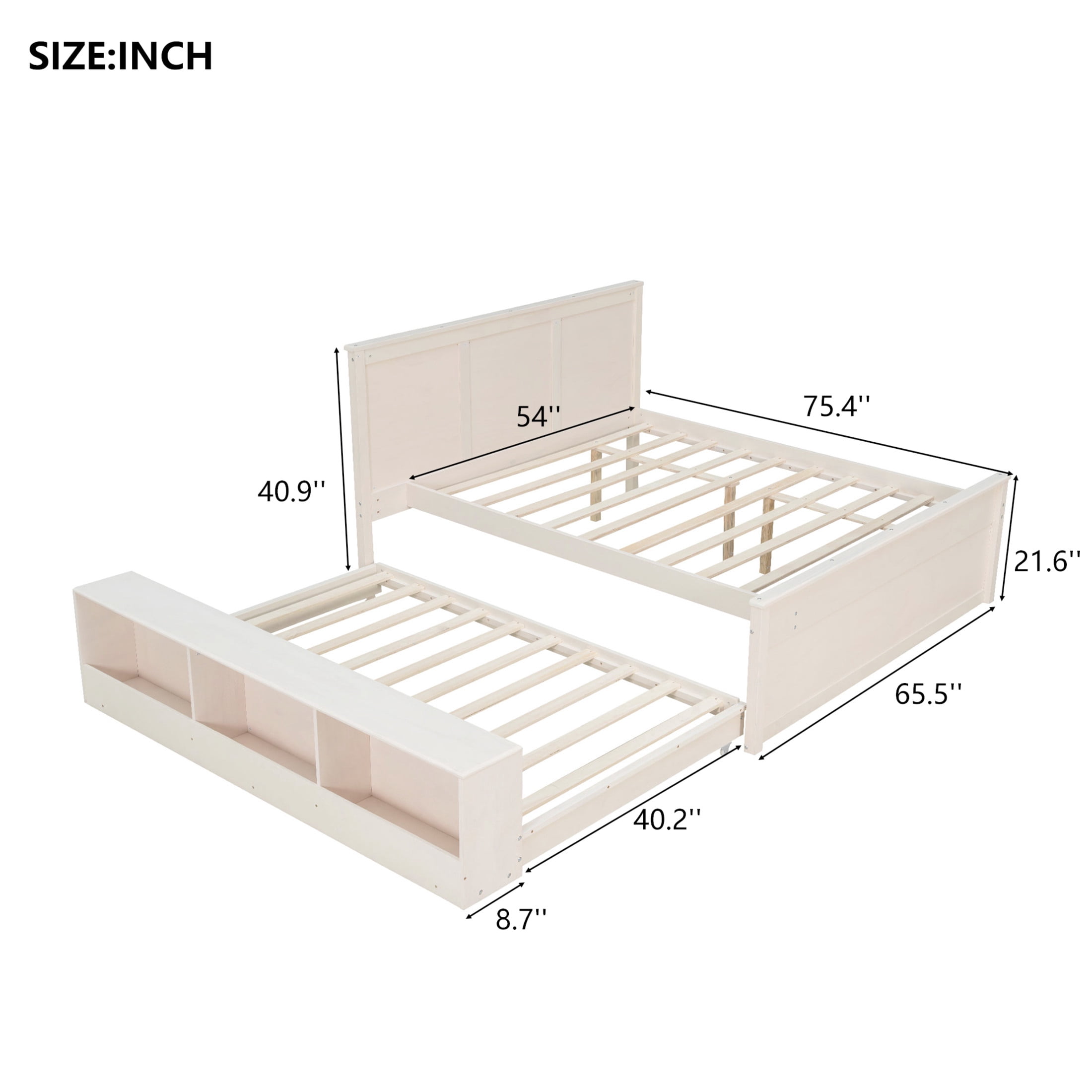 Noble House Brevon Full Size Extendable Platform Bed with Built-in Storage Cabinet, Pine Wood Frame, Cream White