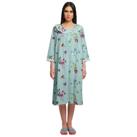Moomaya Button Placket Knee Long Nightdress For Women Printed Nightwear