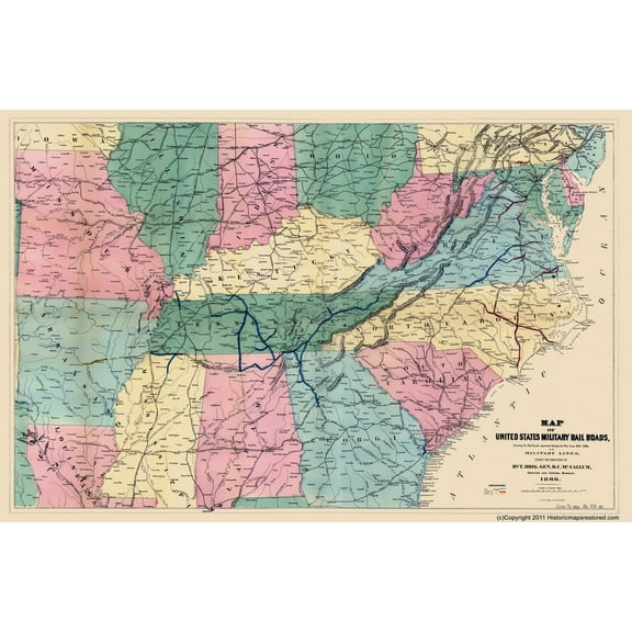 Historical Civil War Map - United States Military Railroads 1862 1866 - Bien 1866 - WallArt