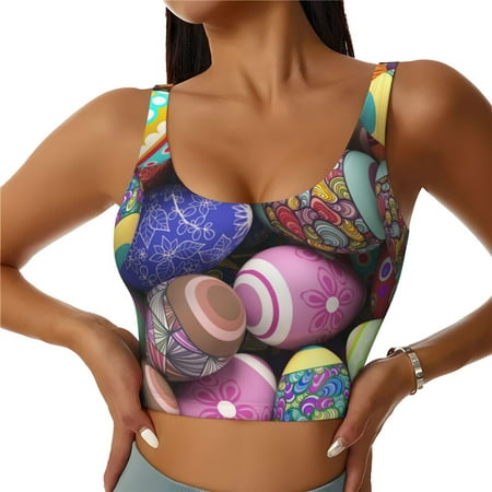 Xecao Easter Eggs1 for Sports Bra with Removable Pads  Crop Tank Top Design  Women s Longline Sports Bra - Non-Wired - XX-Large