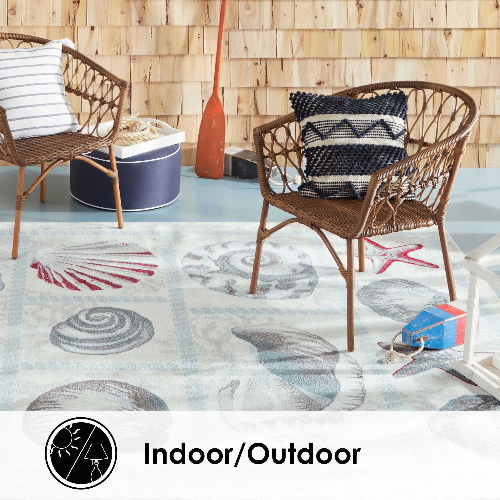 Home Dynamix Marine Sea Shells Coastal Starfish Indoor/Outdoor Area Rug, Ivory/Blue, 5'2"x7'2"