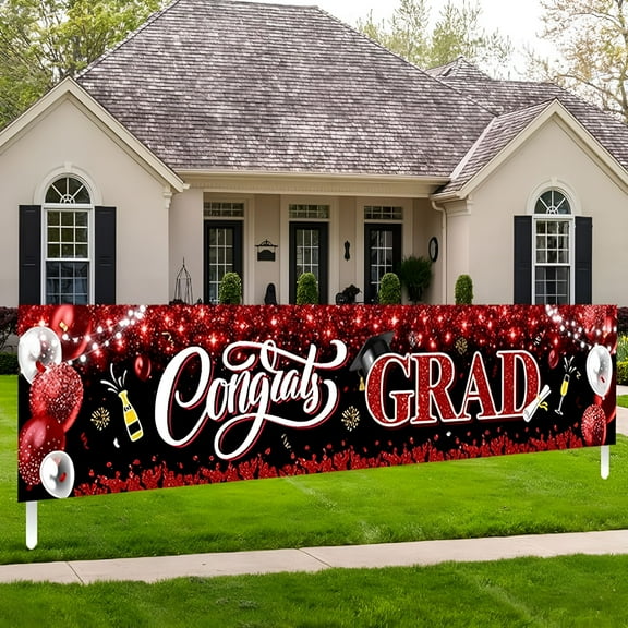 LAMIRO Graduation Decorations - Congrats Grad Yard Sign Banner Decoration for Class of 2025 Graduation Party Supplies (RED)