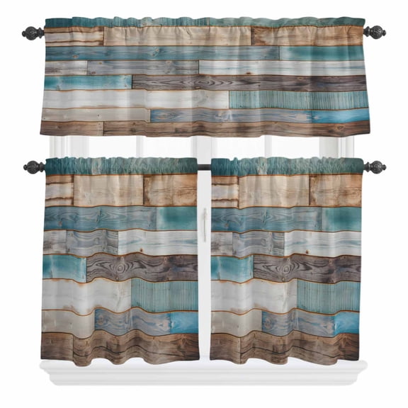 3 Piece Kitchen Curtains and Valances Set Teal Brown Farmhouse Cafe Curtains 36 Inch Length Vintage Retro Wooden Valance & Tier Curtain for Living Room Bedroom Small Window 54"x18" 27"x36"*2