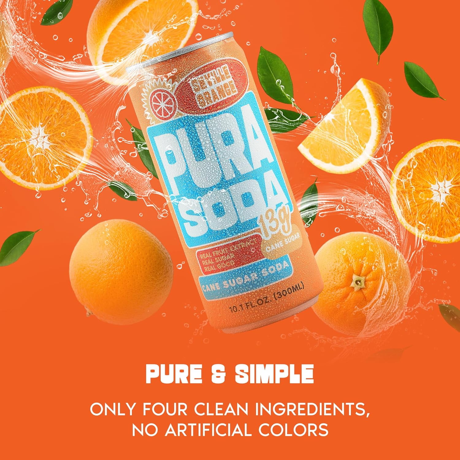 PuraSoda® Seville Orange | Low-Calorie, Cane Sugar Soda, Beverage | Non-GMO, Vegan | Made with Pure Cane Sugar, No Preservatives | 10.1 fl oz (300ml) Cans, 24-Pack