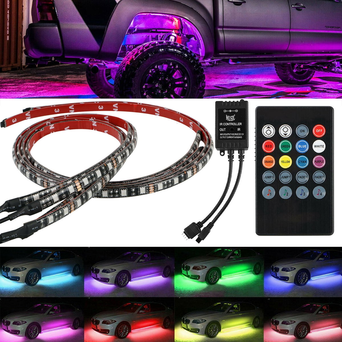 12pcs x RGB LED Strip Under Car Tube Underglow Underbody System Neon Lights Kit 