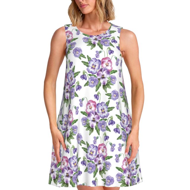 Easygdp Violets Flowers para Vestido Transpirable de Mujer, Vestido Suelto de Manga Corta con Pliegues y Bolsillos para el Verano