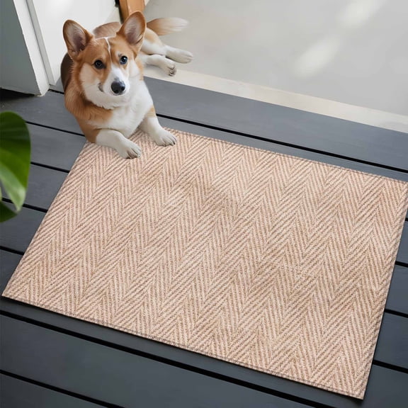 Beige Herringbone Washable Entry Rug 2x3 Modern Minimalist Woven Textured Low Pile Indoor Door Mat with Rubber Backing Thin Area Rug for for Entrance, Bedroom, Kitchen, Laundry, Bathroom