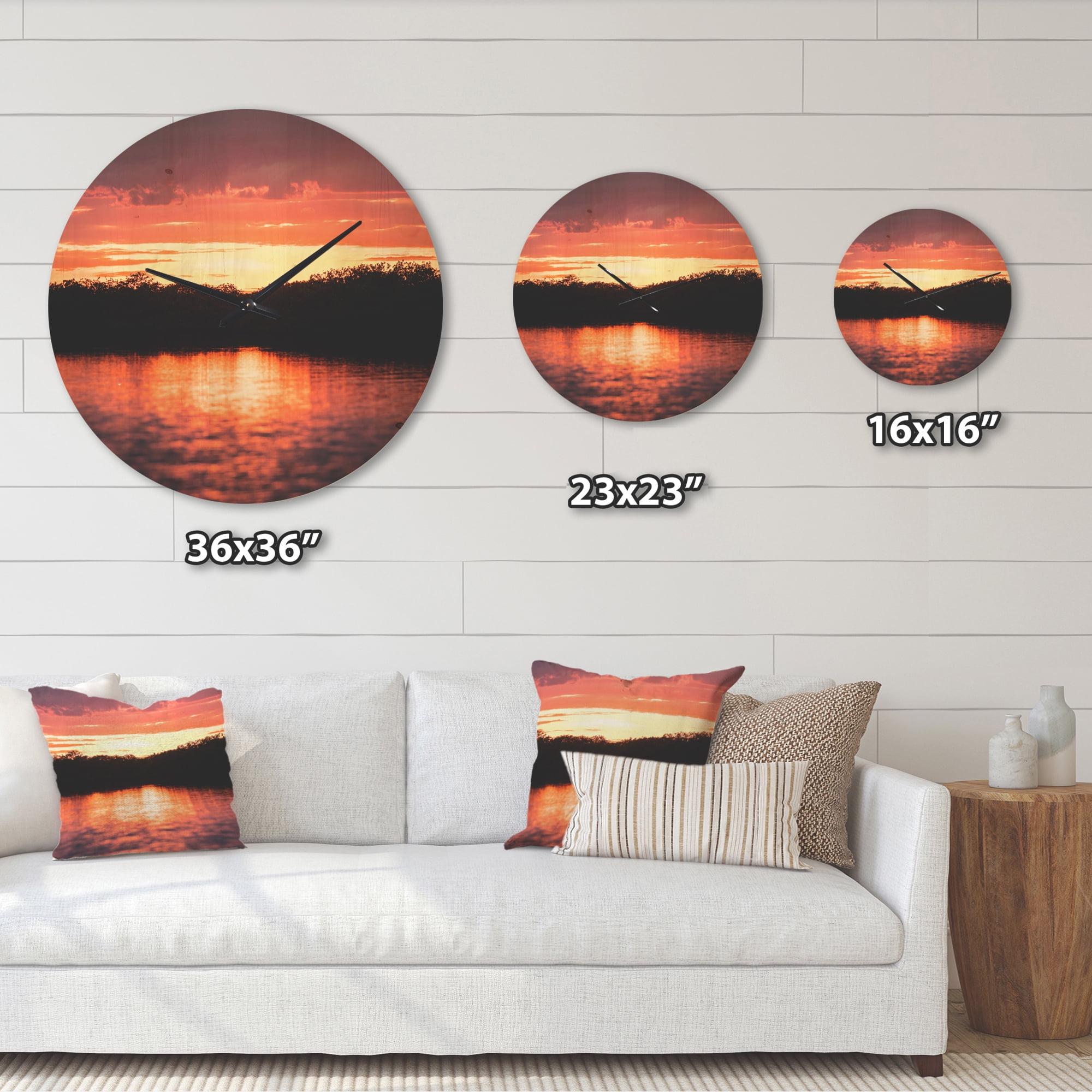 Designart 'Sunset Lights on Tropical Lagoon ' Farmhouse Wood Wall Clock