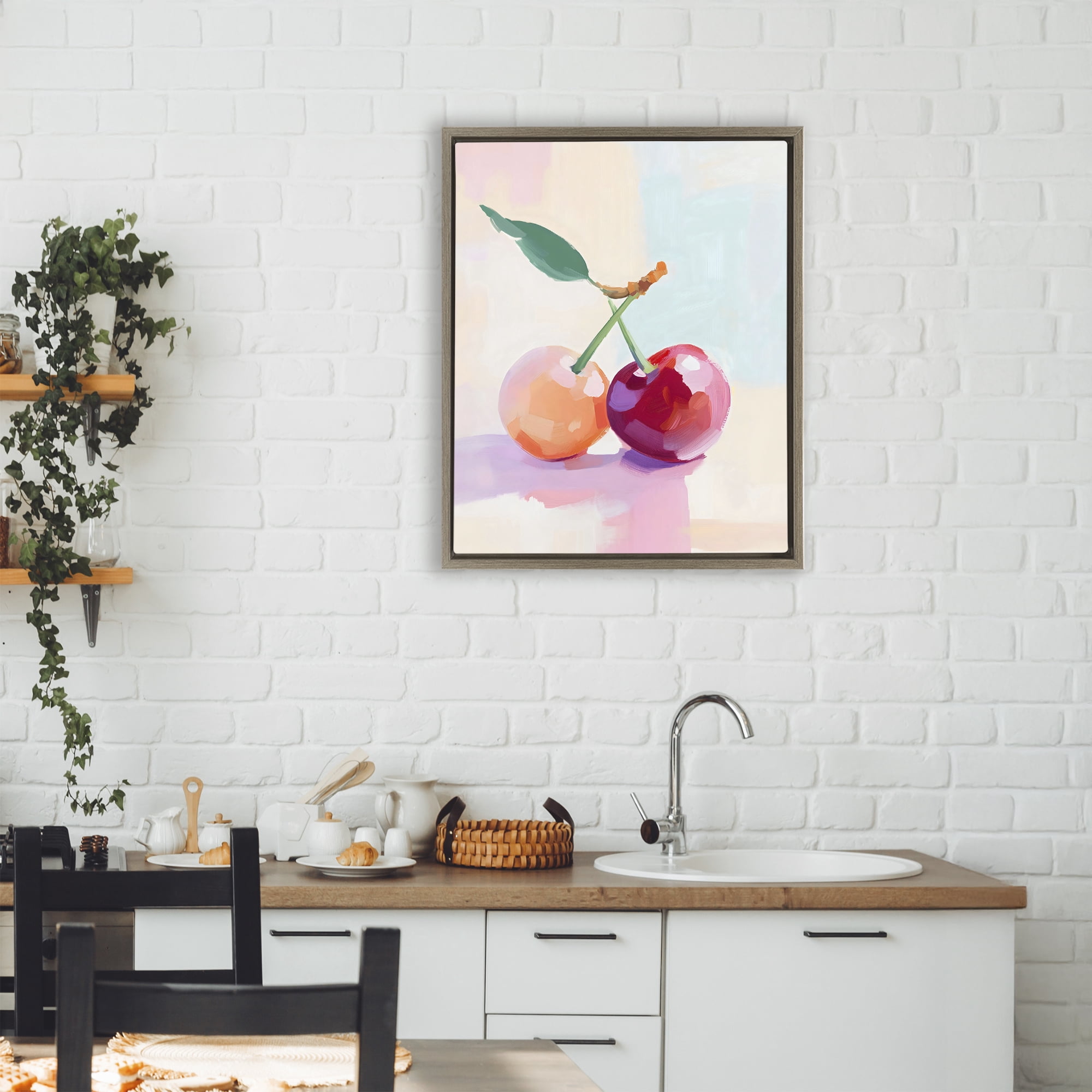 Stupell Industries Pastel Cherries Pair Brown Framed Floater Canvas Wall Art, design by The Prints Vibe