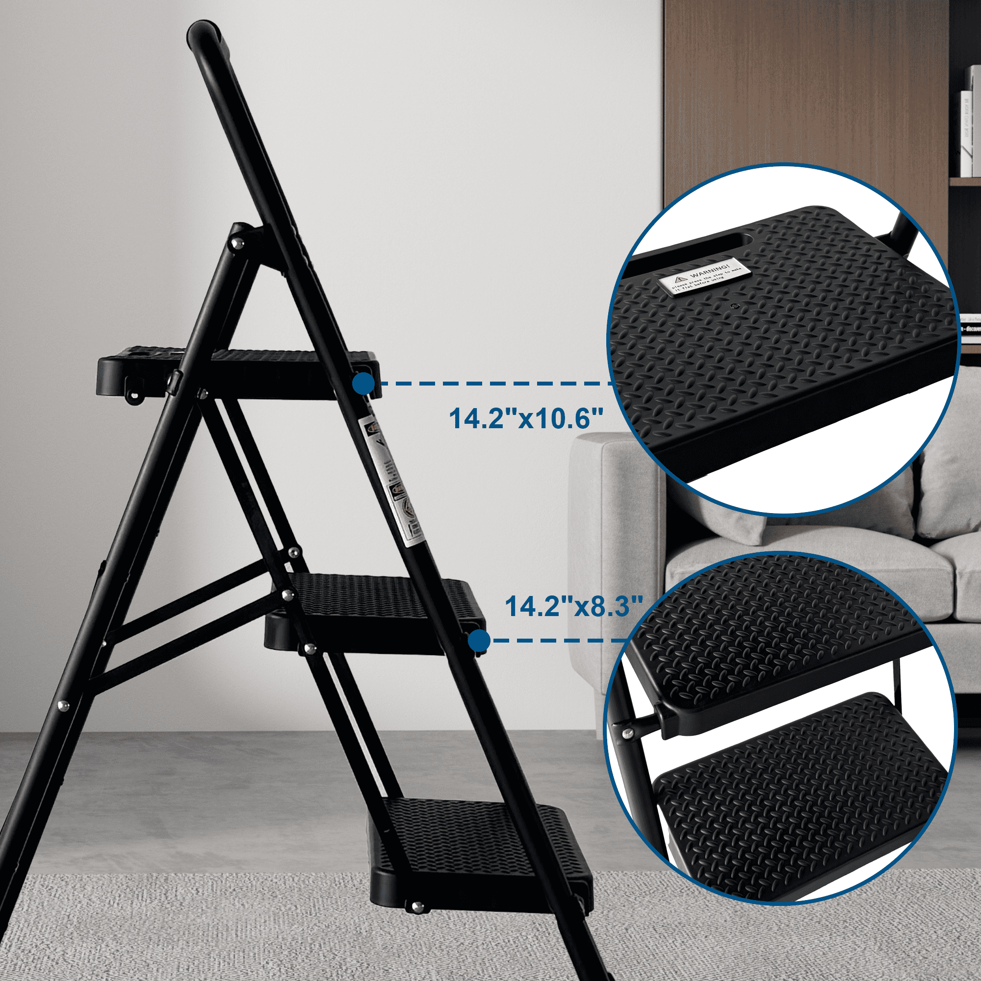 Sturdy 3-Step Folding Step Stool with Wide Anti-Slip Pedal, Steel Ladder for Household and Kitchen Use, Black