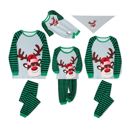 

Multitrust Parent-Child Pajama Set Christmas Cartoon Elk Print Tops + Striped Pants Family Clothing Set