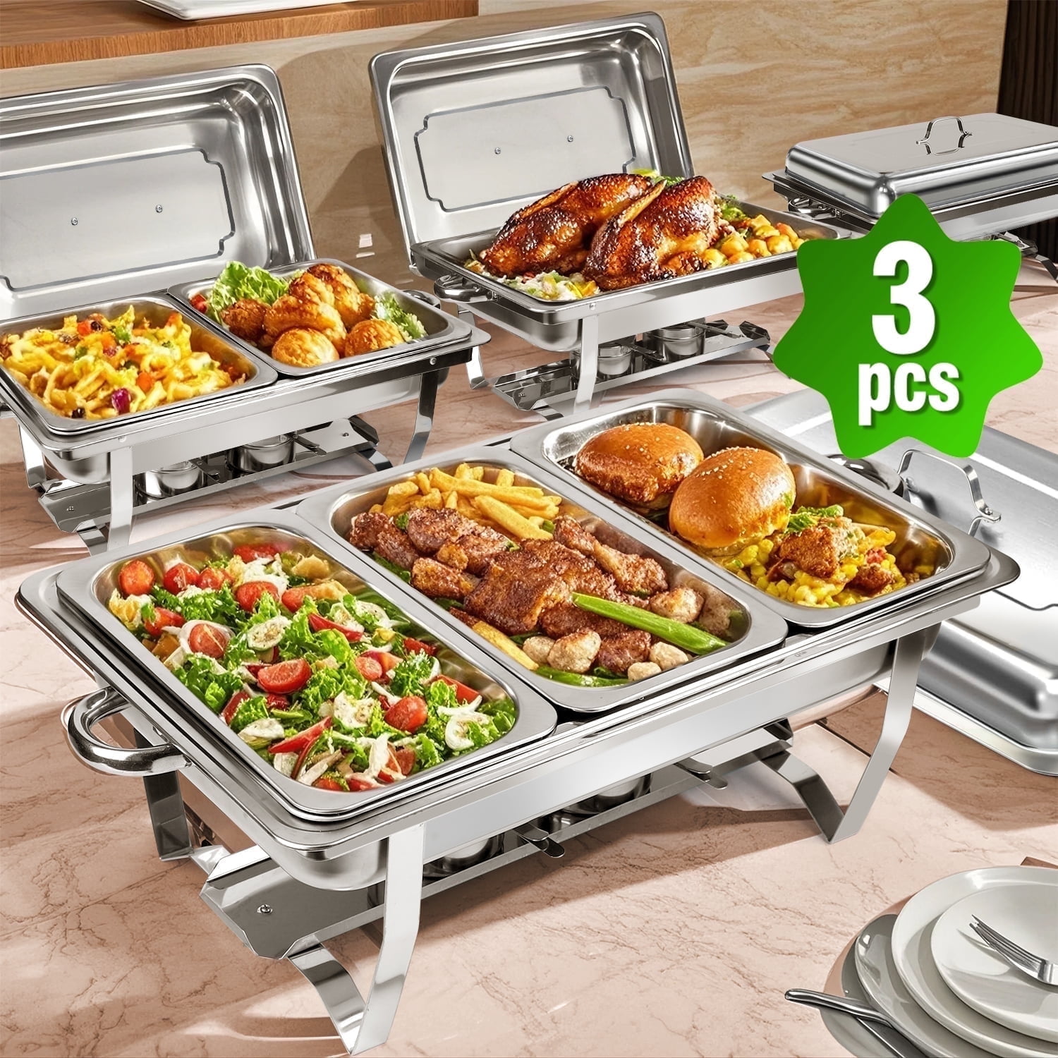 Chafing Dishes for Buffet ,AOKIWO 3 Packs 8QT Mirrored Stainless Steel Chafing Dishes for Buffet, Chafers and Buffet Warmer for Parties, Events, Wedding, Camping, Dinner