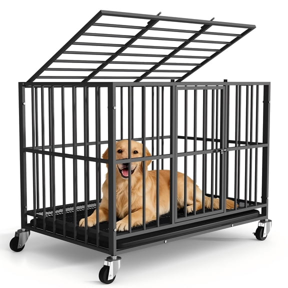 Time Ray 38 inch Dog Crate for Medium Dog with Steel Escape Proof,Heavy Duty Indestructible Dog Kennel with Double Doors,Lockable Wheels and Removable Tray,Black