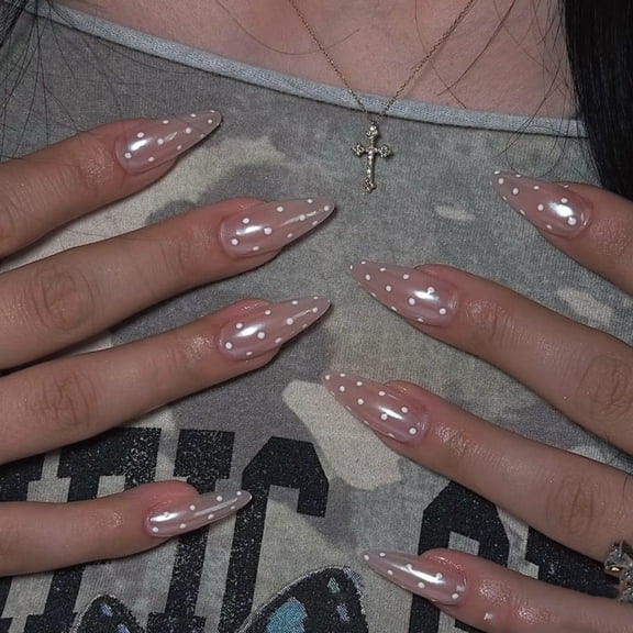 Simple nude wearing nail cross-border hot-selling flash coating wearable nail piece white polka dot nail art fake nail