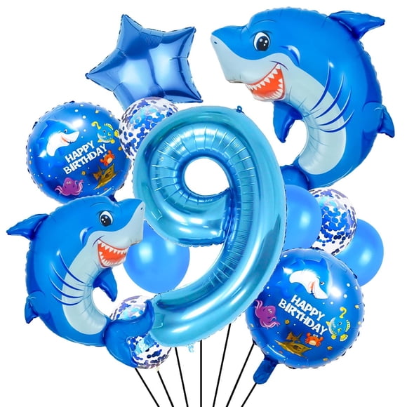 Set de globos Woizoeiy número 9 azul de 40" con tiburones para fiesta