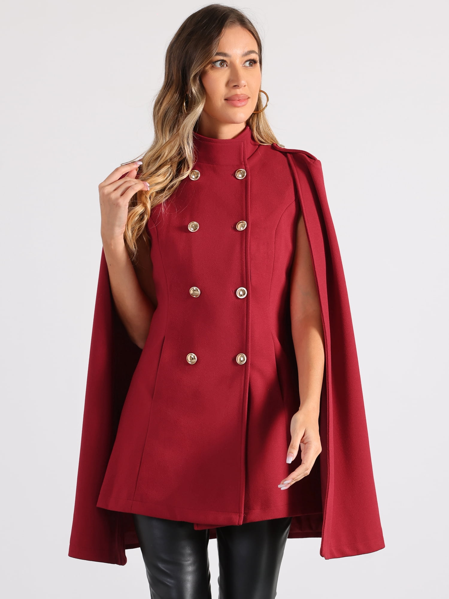 DARING DIVA Women's Winter Slit Sleeve Double Breasted Cloak Coat Burgundy S