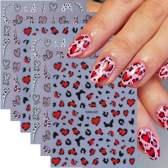 Adhesivos para uñas ZASKHLD con estampado de leopardo de San Valentín, 6 hojas
