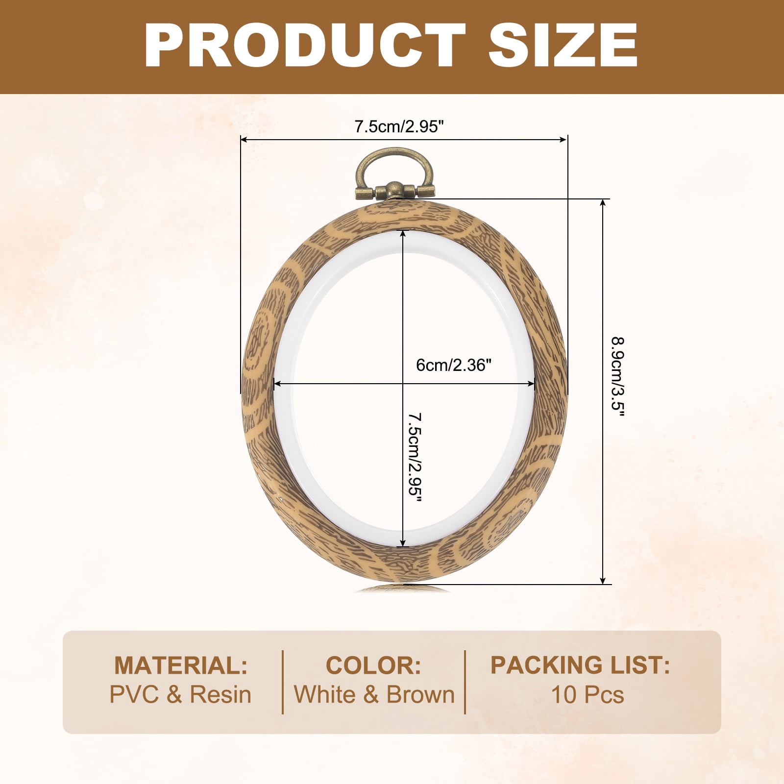 10 Pcs 2.95 x 3.5 Inch Embroidery Hoop Frame, Imitated Wood Oval Cross Stitch Hoops with Metal Ring for Embroidery DIY Art Craft Sewing Wall Decor, White & Brown