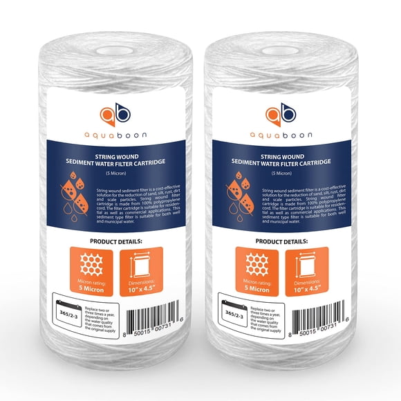 Aquaboon 5 Micron Water Filter 10 x 4.5 inch - String Wound Water Filter for Whole House System - Compatible with 84637, WPX5BB97P, PC10, 3