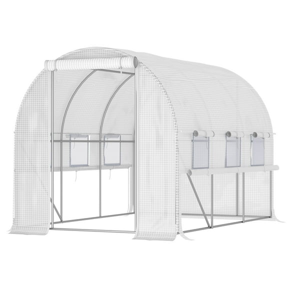10' x 7' x 7' Walk-in Tunnel Greenhouse, Outdoor Green House with Anti-Tear PE Cover, Zipper Doors and Mesh Windows, White