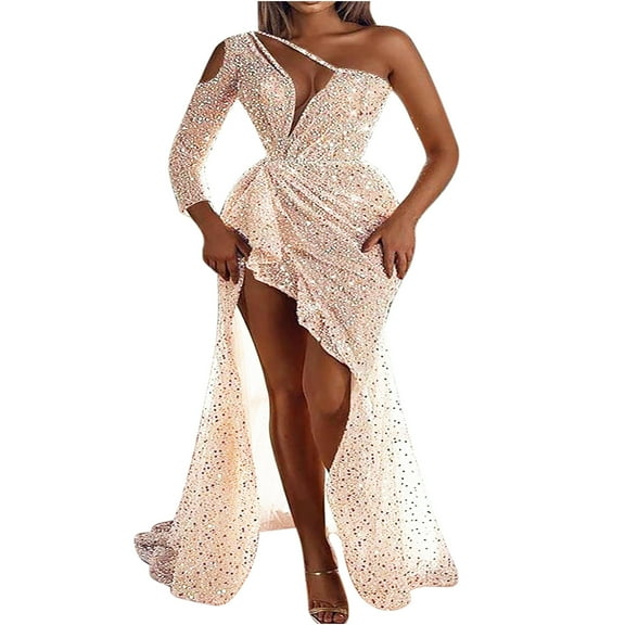 MIANHT Dresses for Women, Plus Size Dresses, Women's Sexy And Elegant One-shoulder Backless Sequin Evening Dress For Dinner Dress