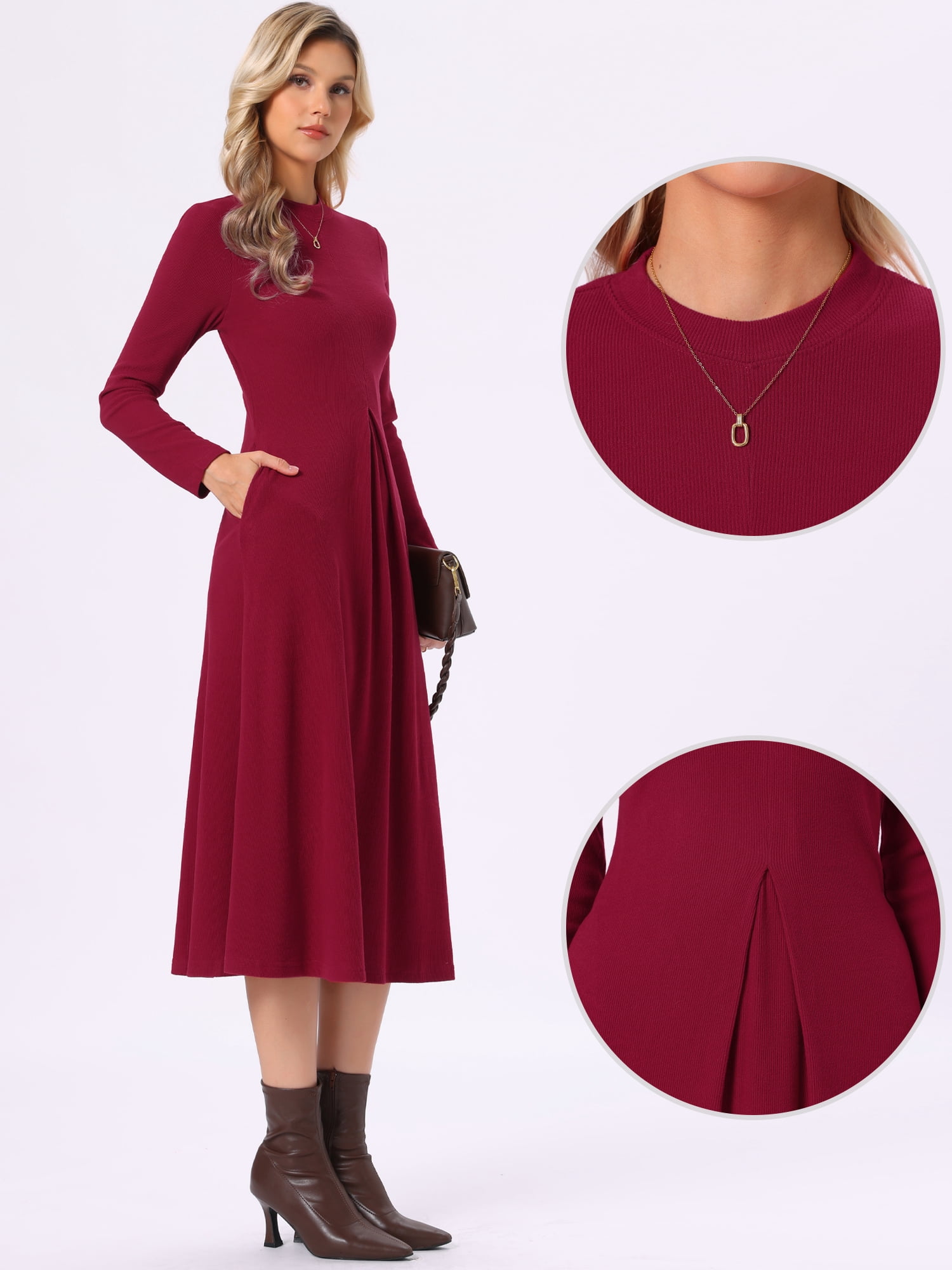 DARING DIVA Women's Ribbed Knit Long Sleeve Crew Neck with Pockets Dress XS Burgundy