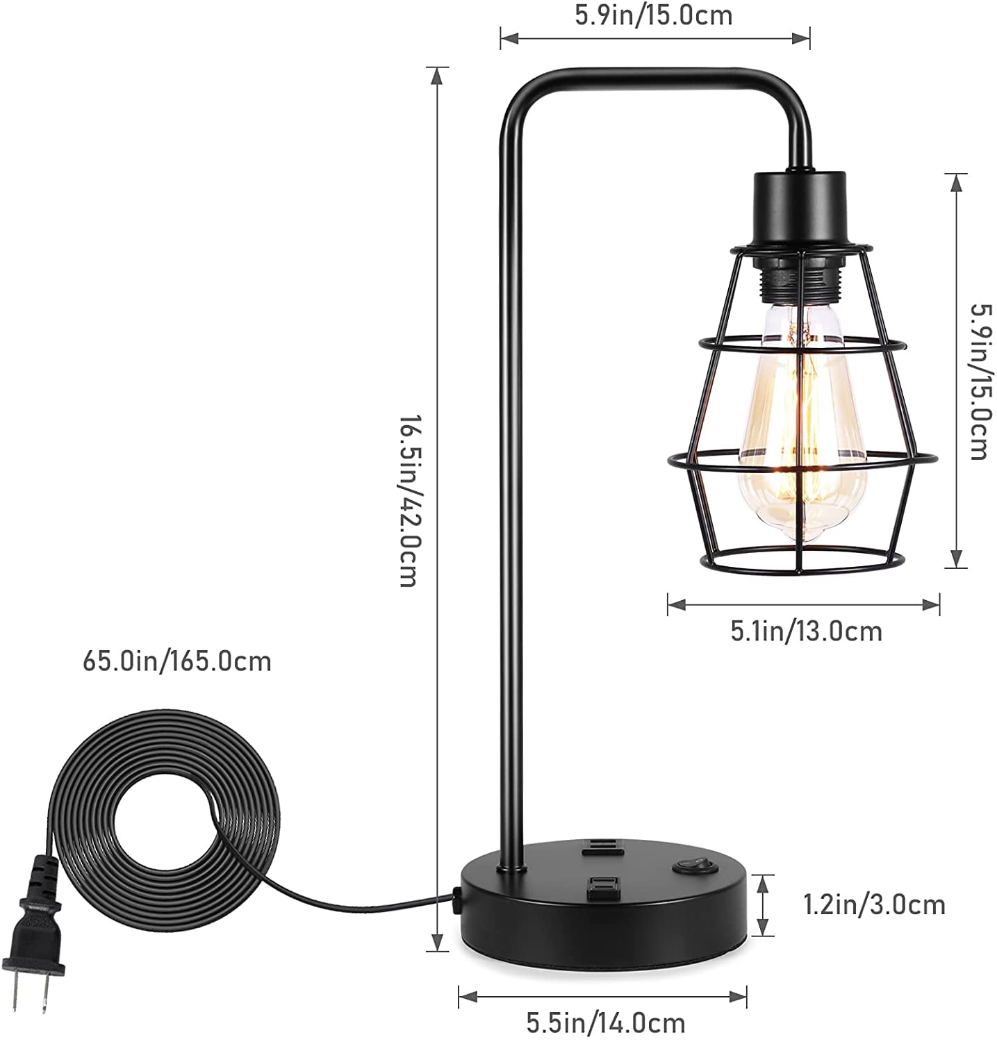 Usb Industrial Edison Desk Lamp With 2 Ac Outlets, Black Metal Lantern