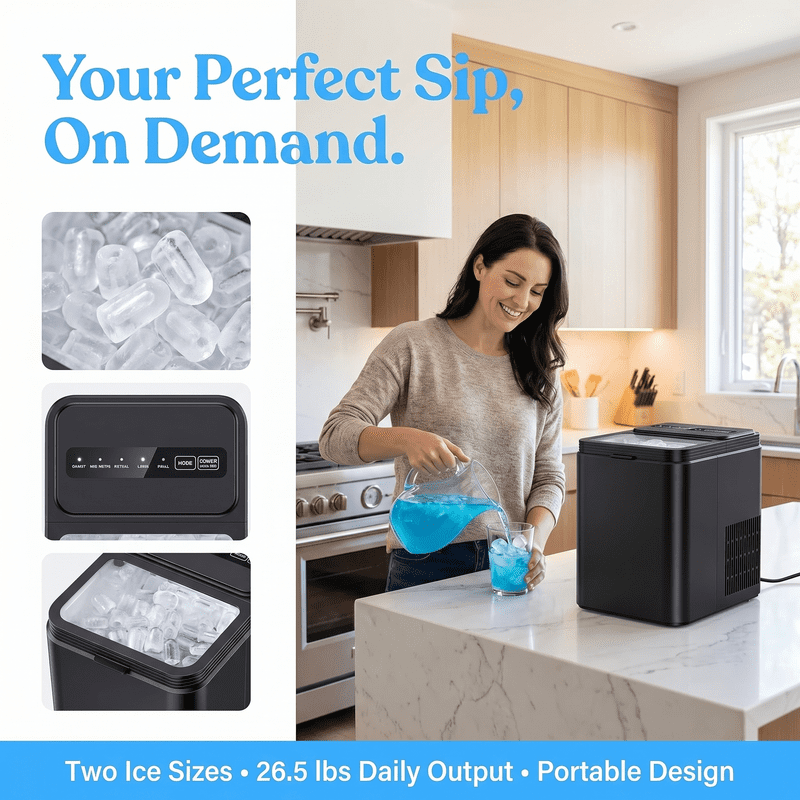 Portable Countertop Ice Maker with 2 Bullet Ice Sizes, Makes 8 Cubes in 6 Minutes, 26.5 lbs Daily Output, Self-Cleaning Ice Machine for Kitchen, Office, Parties, and RV Use