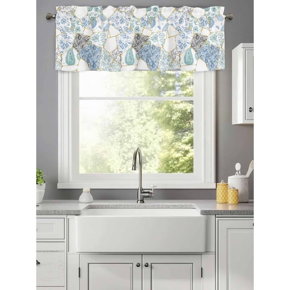 Green Flower Porcelain Stitching Valances for Windows,Kitchen Valance Rod Pocket Short Curtain,Abstract Art Valance Curtain Window Valances for Bedroom Living Room 42x12in