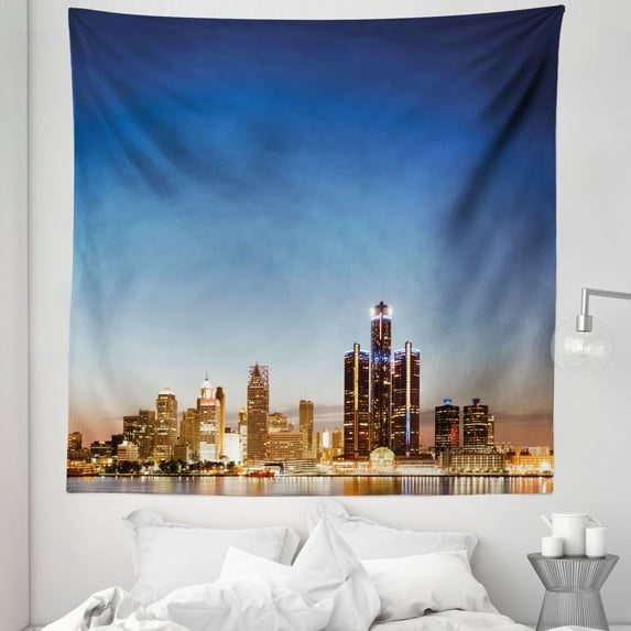 Detroit Tapestry, Michigan Skyline at Twilight Waterfront Lively City Serene Calm Travel Destination, Fabric Wall Hanging Decor for Bedroom Living Room Dorm, 5 Sizes, Multicolor, by Ambesonne