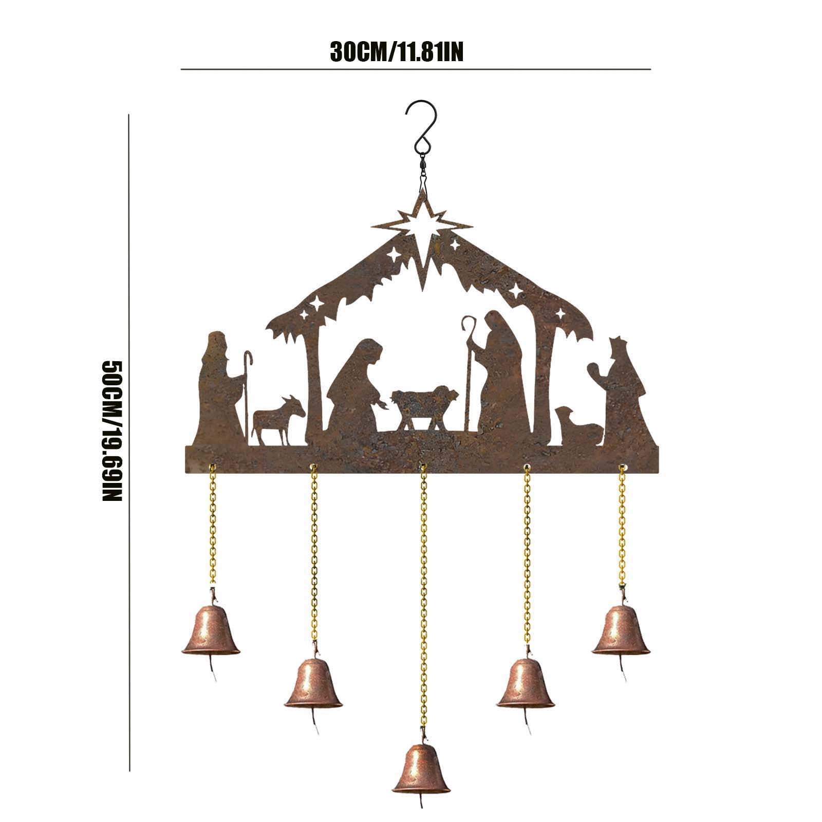 Nativity Theme Iron Wind Chime 11.81x19.69in Indoor Outdoor Hanging Decor Musical Holiday Christmas Garden Patio Decorative Art Piece Anniversary Present