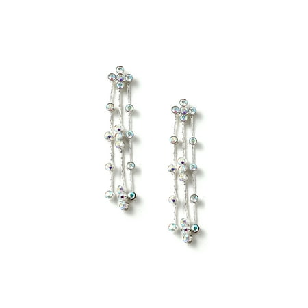 - Silver Aurora Borealis Rhinestone 3 Strand Dangle Earrings